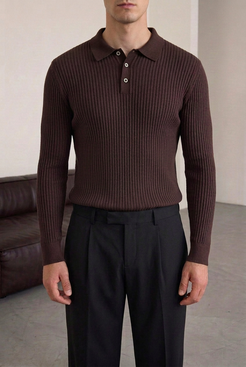 Ανδρική Πλεκτή Μπλούζα Polo Slim Fit με Κουμπιά – Σκούρο Καφέ
