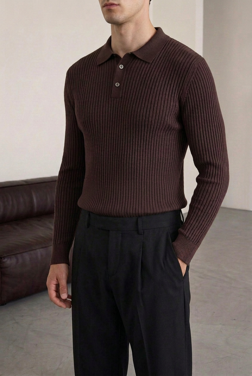 Ανδρική Πλεκτή Μπλούζα Polo Slim Fit με Κουμπιά – Σκούρο Καφέ