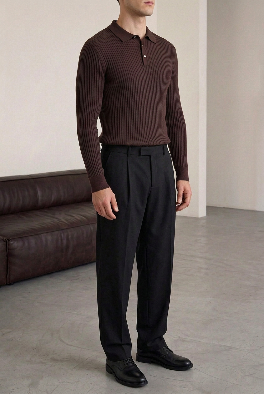 Ανδρική Πλεκτή Μπλούζα Polo Slim Fit με Κουμπιά – Σκούρο Καφέ