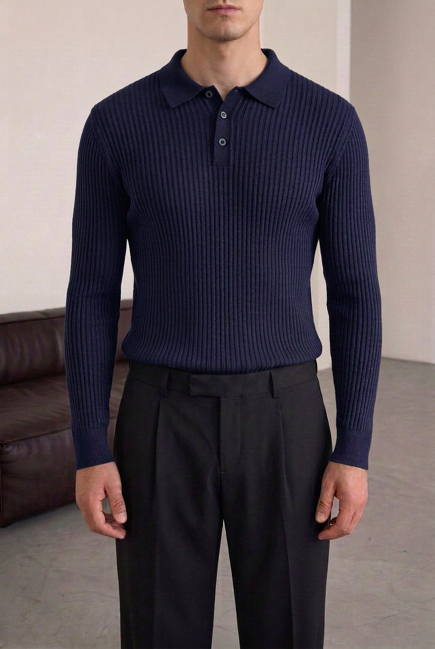 Ανδρική Πλεκτή Μπλούζα Polo Slim Fit με Κουμπιά – Σκούρο Μπλε
