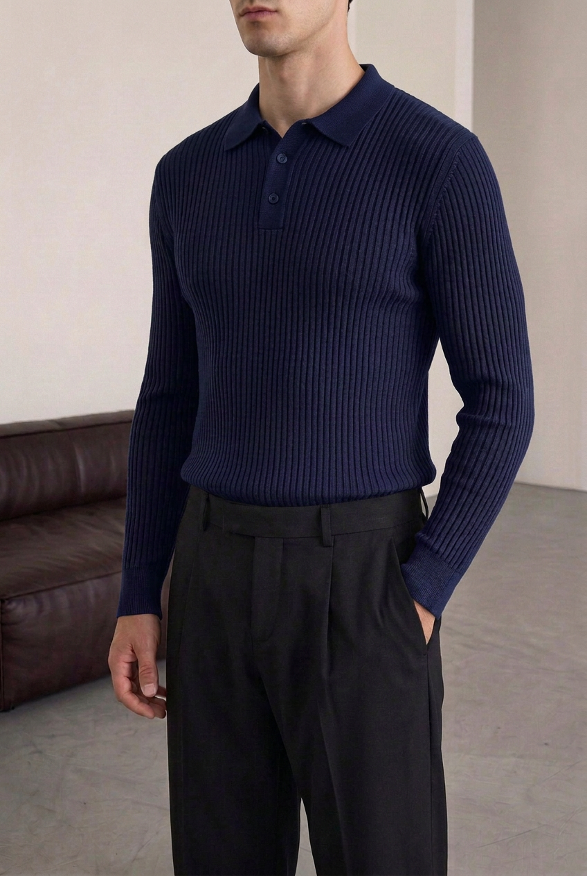 Ανδρική Πλεκτή Μπλούζα Polo Slim Fit με Κουμπιά – Σκούρο Μπλε
