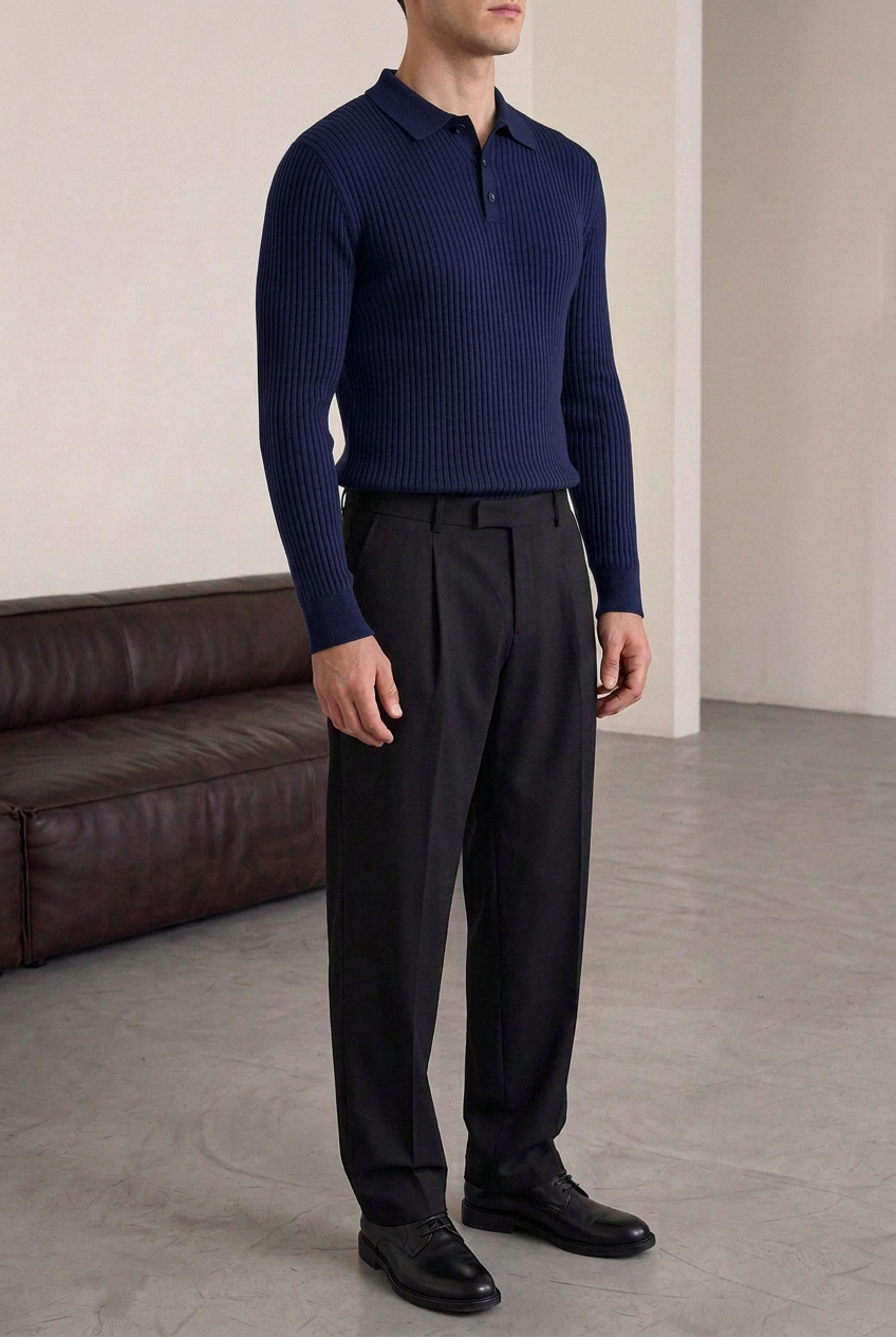 Ανδρική Πλεκτή Μπλούζα Polo Slim Fit με Κουμπιά – Σκούρο Μπλε