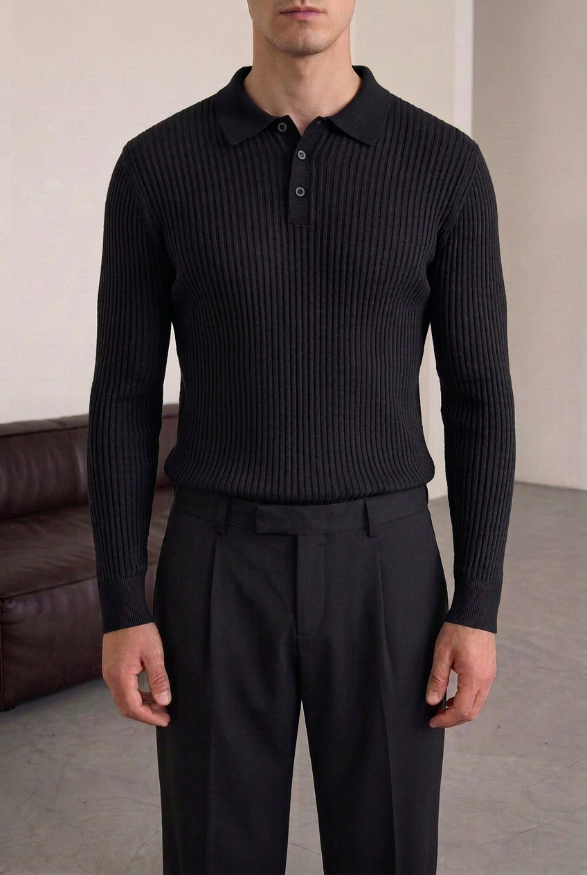 Ανδρική Πλεκτή Μπλούζα Polo Slim Fit με Κουμπιά – Μαύρο