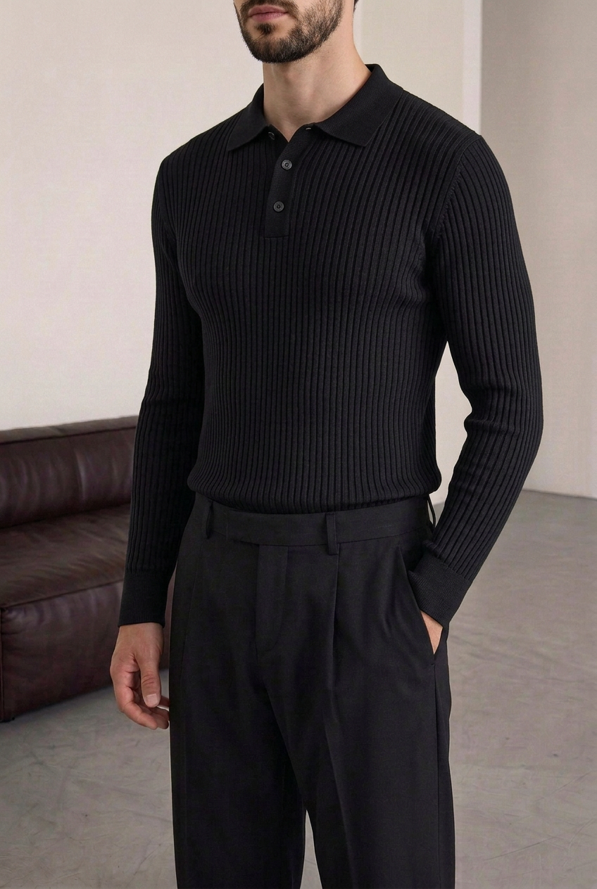 Ανδρική Πλεκτή Μπλούζα Polo Slim Fit με Κουμπιά – Μαύρο