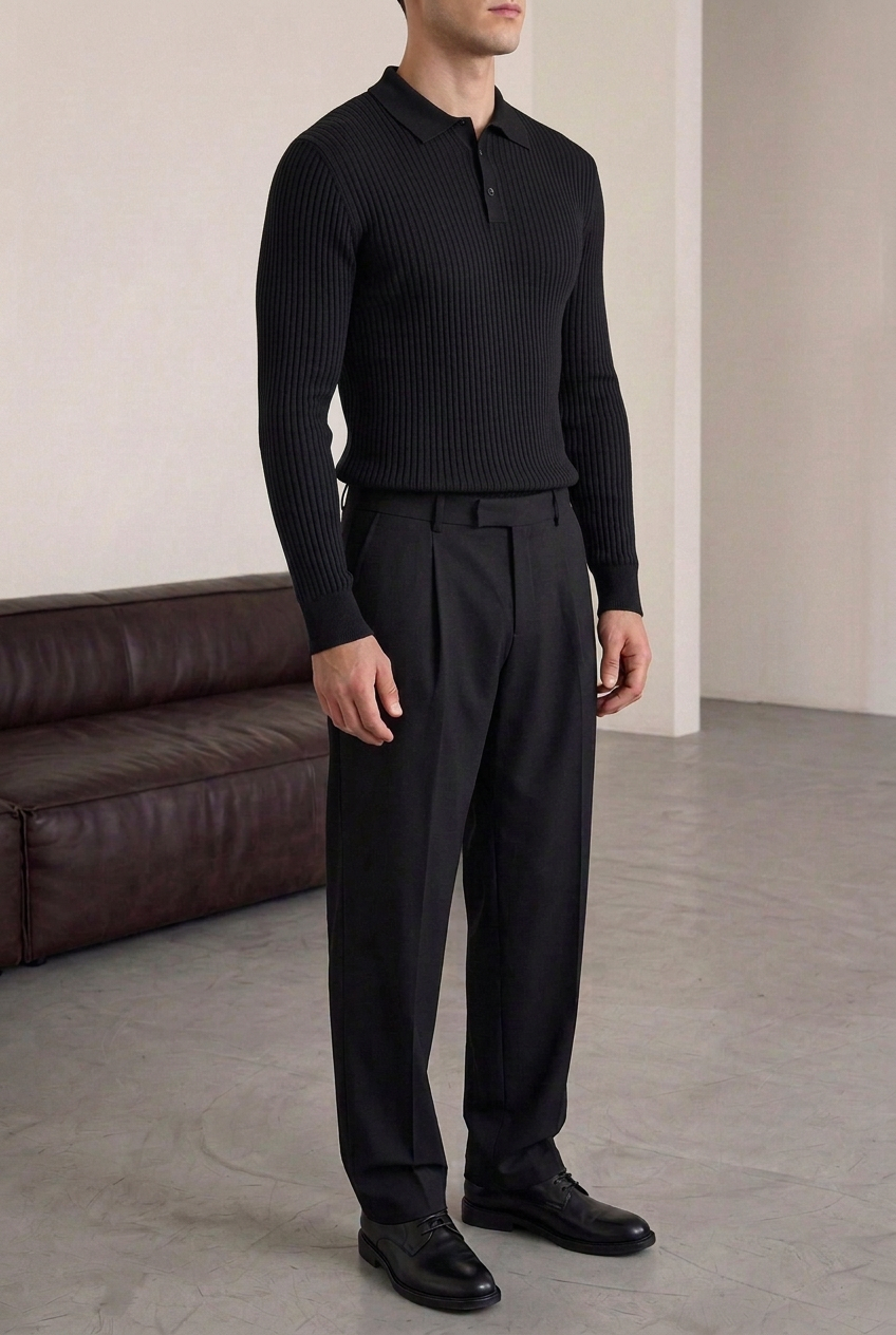 Ανδρική Πλεκτή Μπλούζα Polo Slim Fit με Κουμπιά – Μαύρο