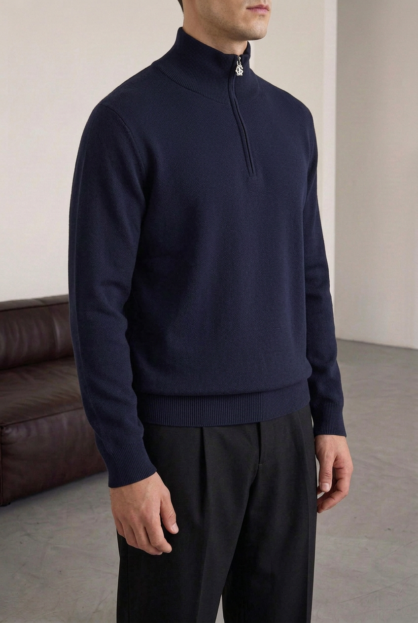 Ανδρική Πλεκτή Μπλούζα Half Zip με Ψηλό Γιακά – Σκούρο Μπλε