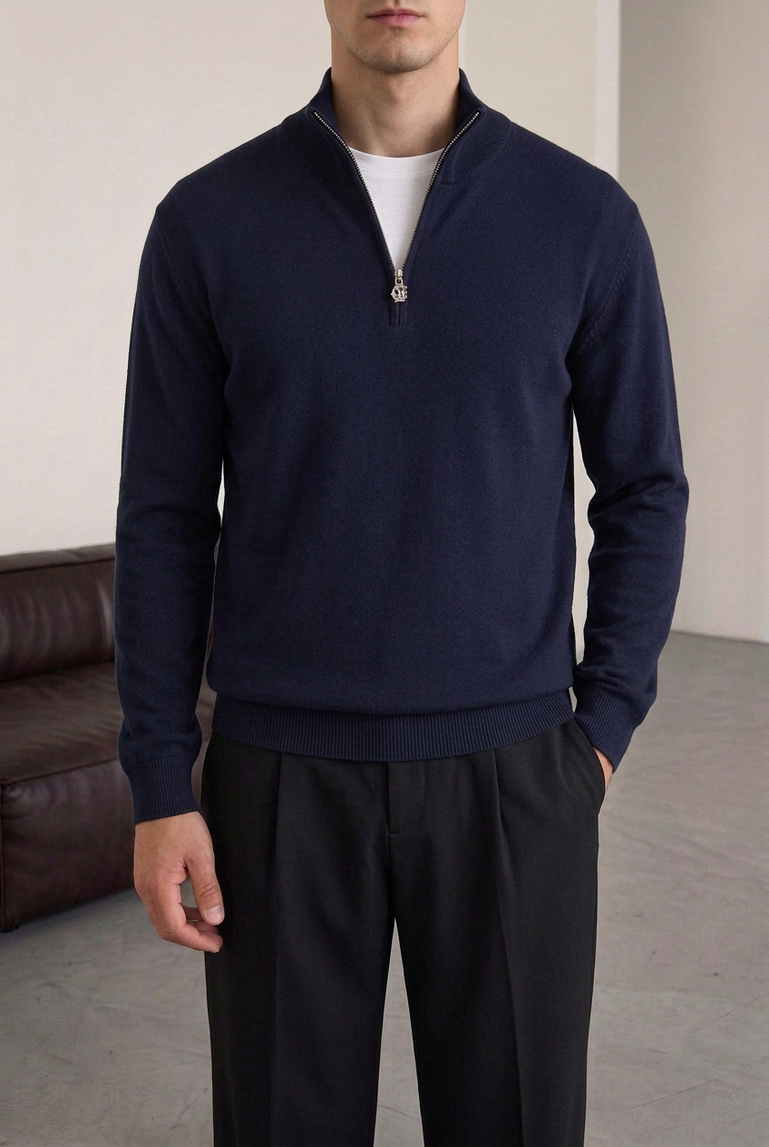 Ανδρική Πλεκτή Μπλούζα Half Zip με Ψηλό Γιακά – Σκούρο Μπλε