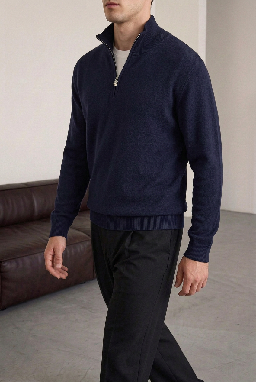 Ανδρική Πλεκτή Μπλούζα Half Zip με Ψηλό Γιακά – Σκούρο Μπλε