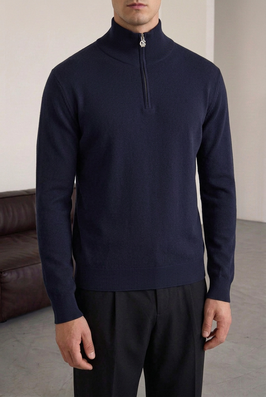 Ανδρική Πλεκτή Μπλούζα Half Zip με Ψηλό Γιακά – Σκούρο Μπλε