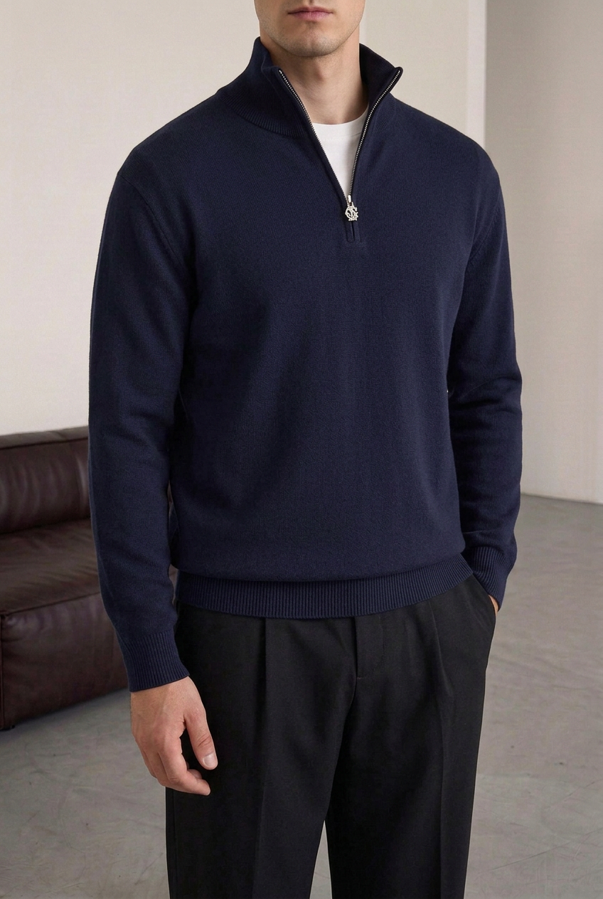 Ανδρική Πλεκτή Μπλούζα Half Zip με Ψηλό Γιακά – Σκούρο Μπλε