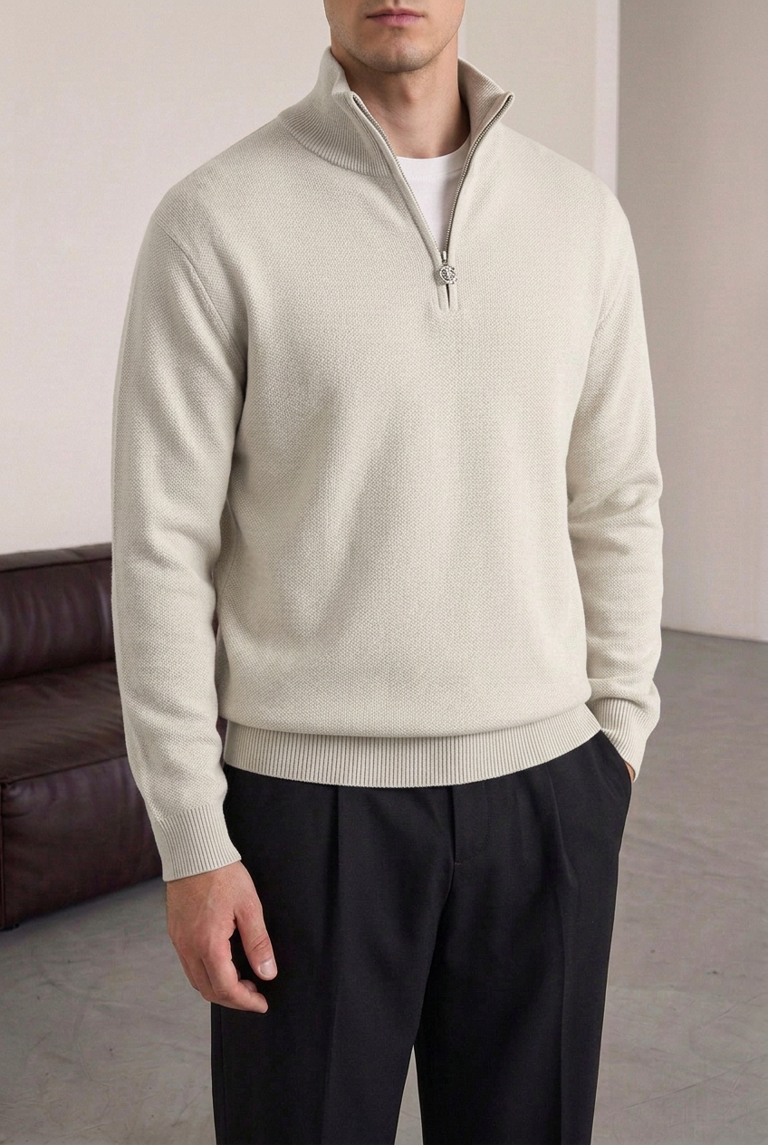 Ανδρική Πλεκτή Μπλούζα Half Zip με Ψηλό Γιακά – Γκρι Του Πάγου