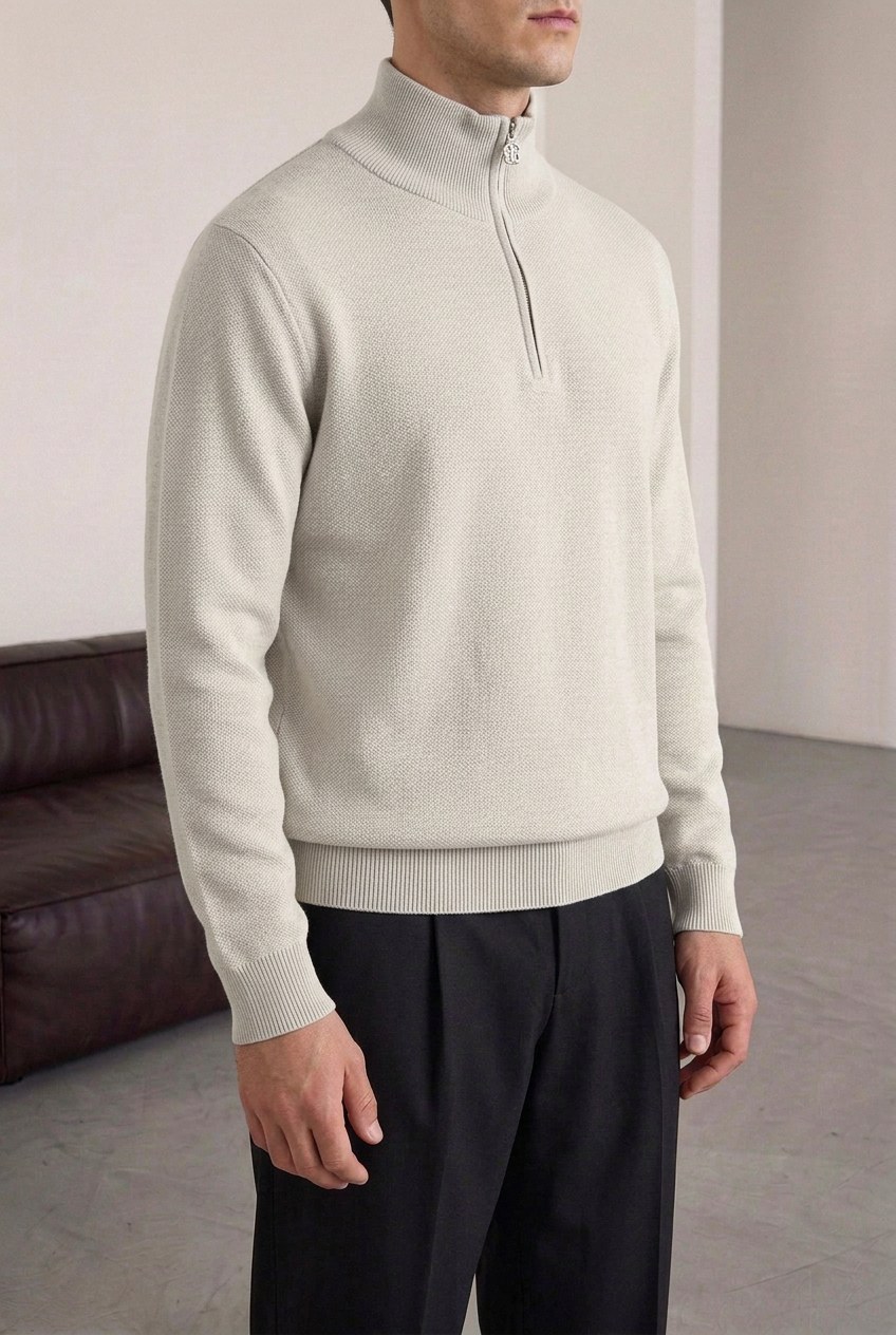 Ανδρική Πλεκτή Μπλούζα Half Zip με Ψηλό Γιακά – Γκρι Του Πάγου