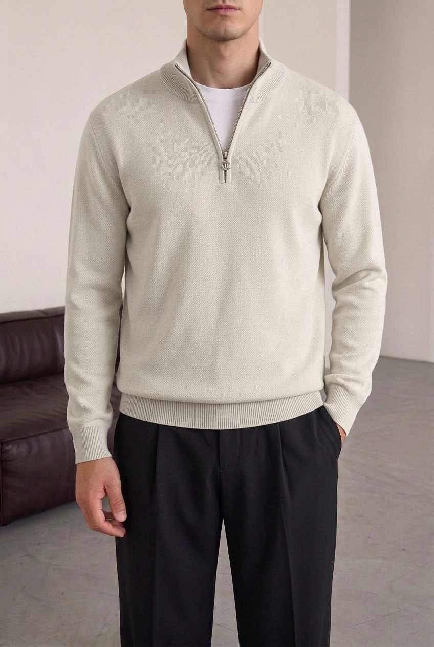 Ανδρική Πλεκτή Μπλούζα Half Zip με Ψηλό Γιακά – Γκρι Του Πάγου