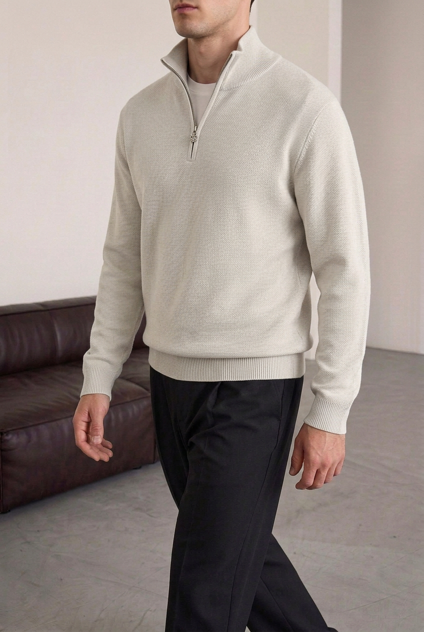 Ανδρική Πλεκτή Μπλούζα Half Zip με Ψηλό Γιακά – Γκρι Του Πάγου