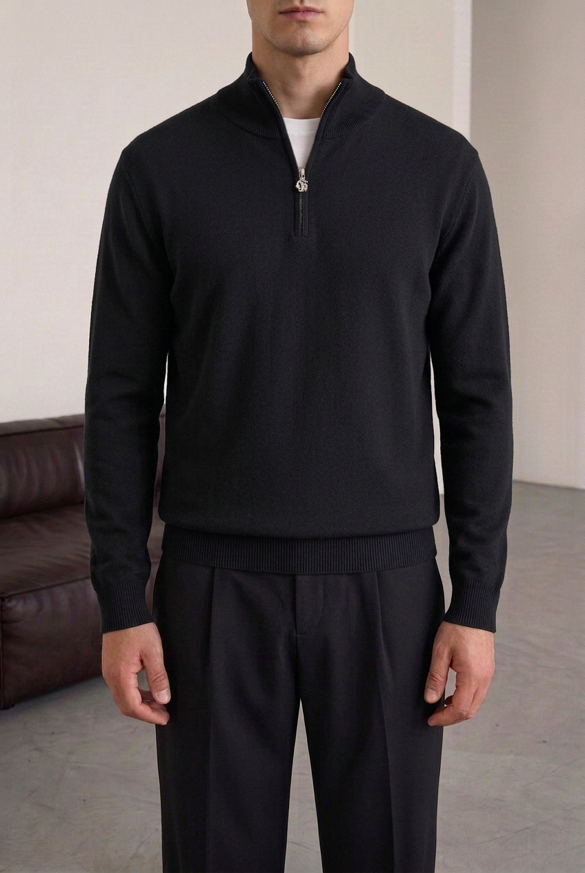 Ανδρική Πλεκτή Μπλούζα Half Zip με Ψηλό Γιακά – Μαύρο