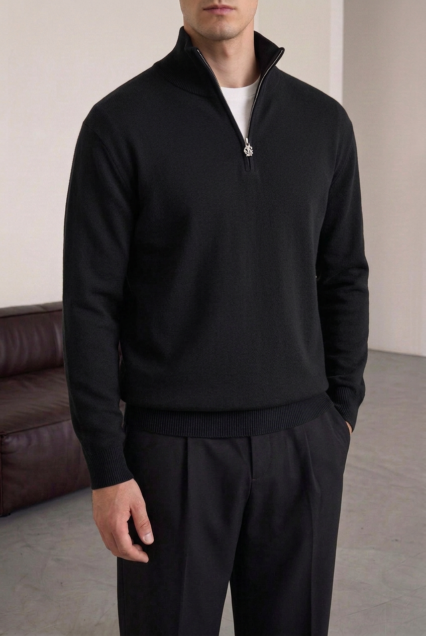 Ανδρική Πλεκτή Μπλούζα Half Zip με Ψηλό Γιακά – Μαύρο