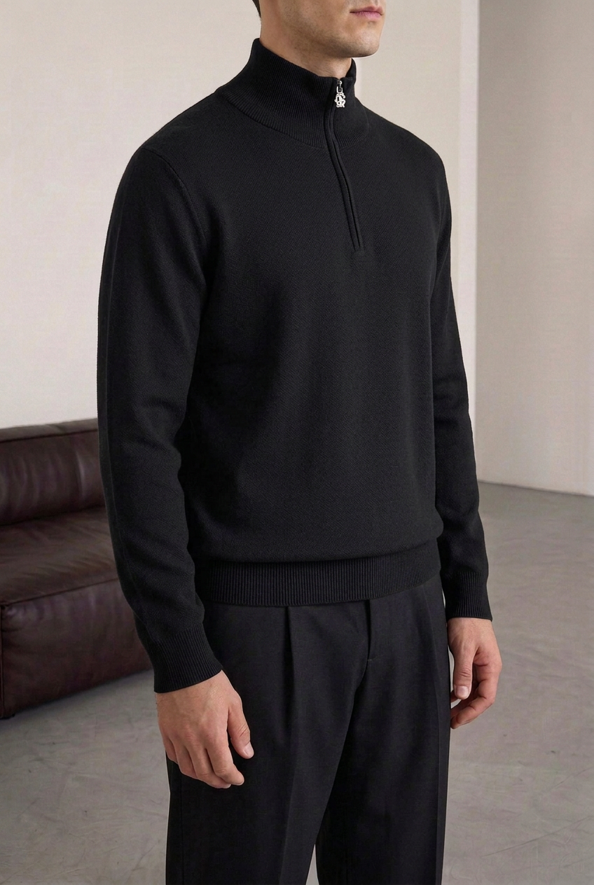 Ανδρική Πλεκτή Μπλούζα Half Zip με Ψηλό Γιακά – Μαύρο