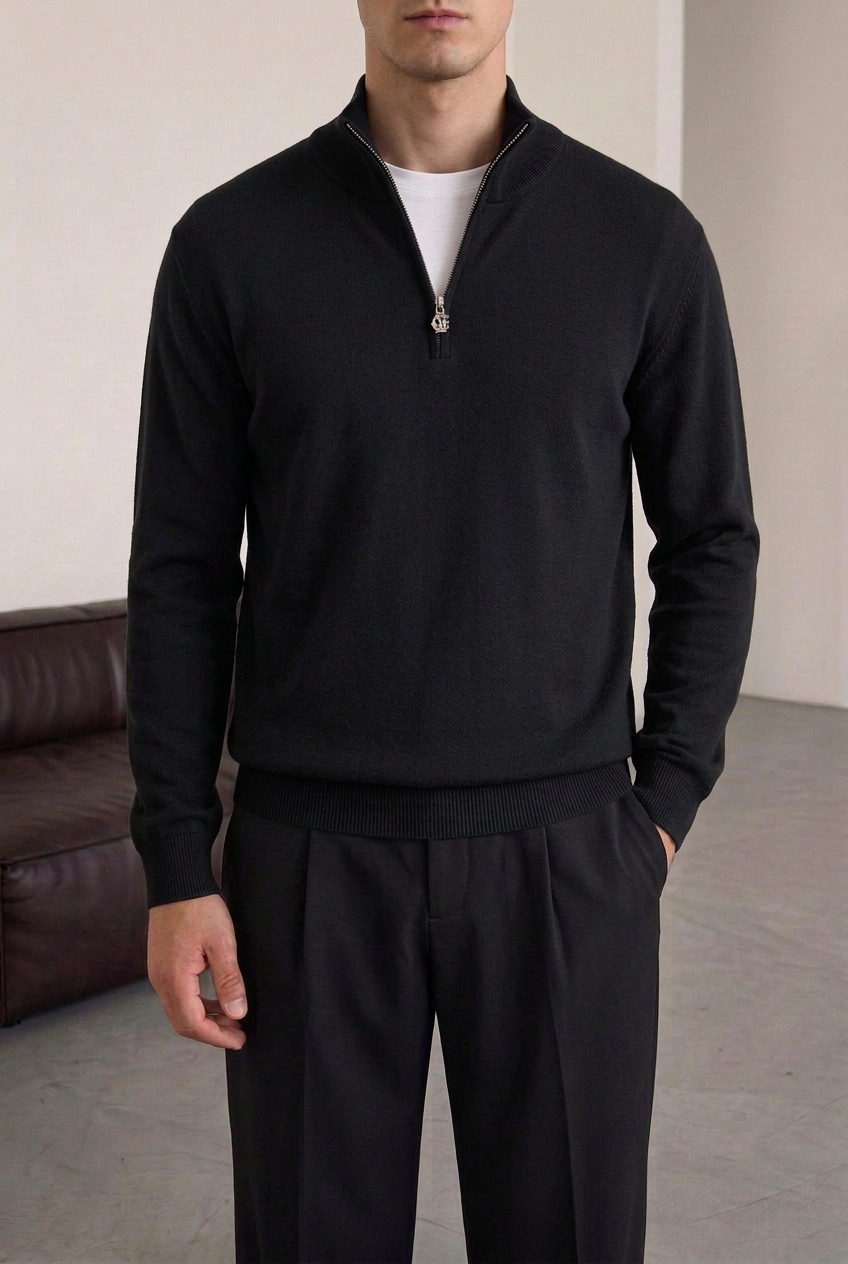 Ανδρική Πλεκτή Μπλούζα Half Zip με Ψηλό Γιακά – Μαύρο