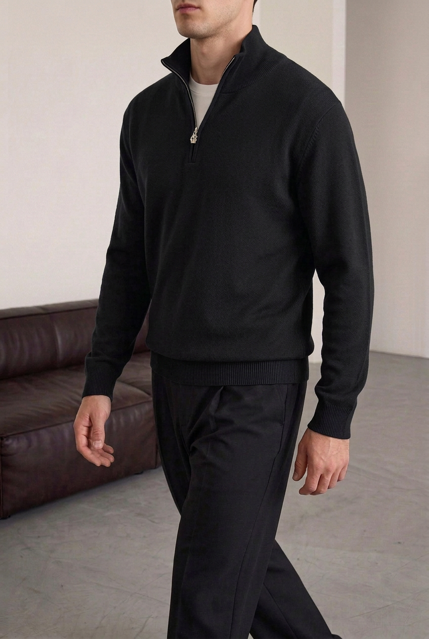 Ανδρική Πλεκτή Μπλούζα Half Zip με Ψηλό Γιακά – Μαύρο