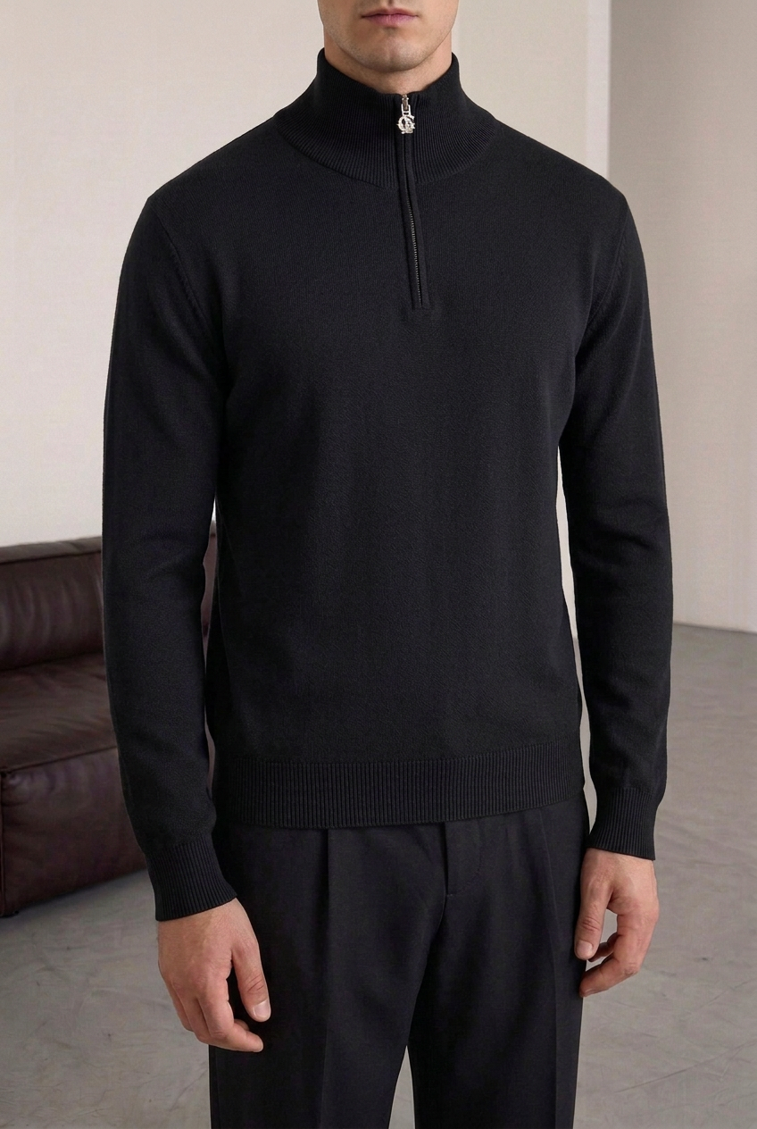 Ανδρική Πλεκτή Μπλούζα Half Zip με Ψηλό Γιακά – Μαύρο