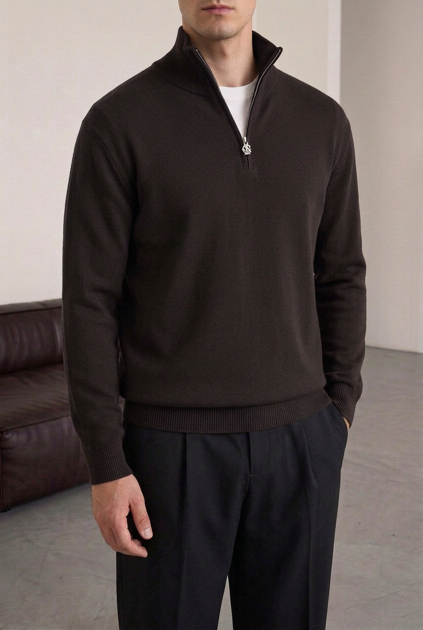 Ανδρική Πλεκτή Μπλούζα Half Zip με Ψηλό Γιακά – Καφέ