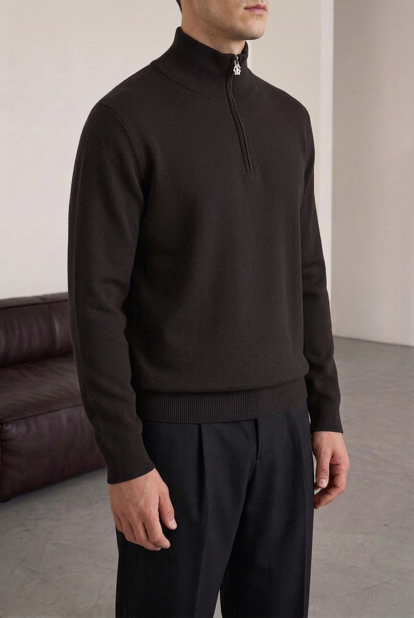 Ανδρική Πλεκτή Μπλούζα Half Zip με Ψηλό Γιακά – Καφέ