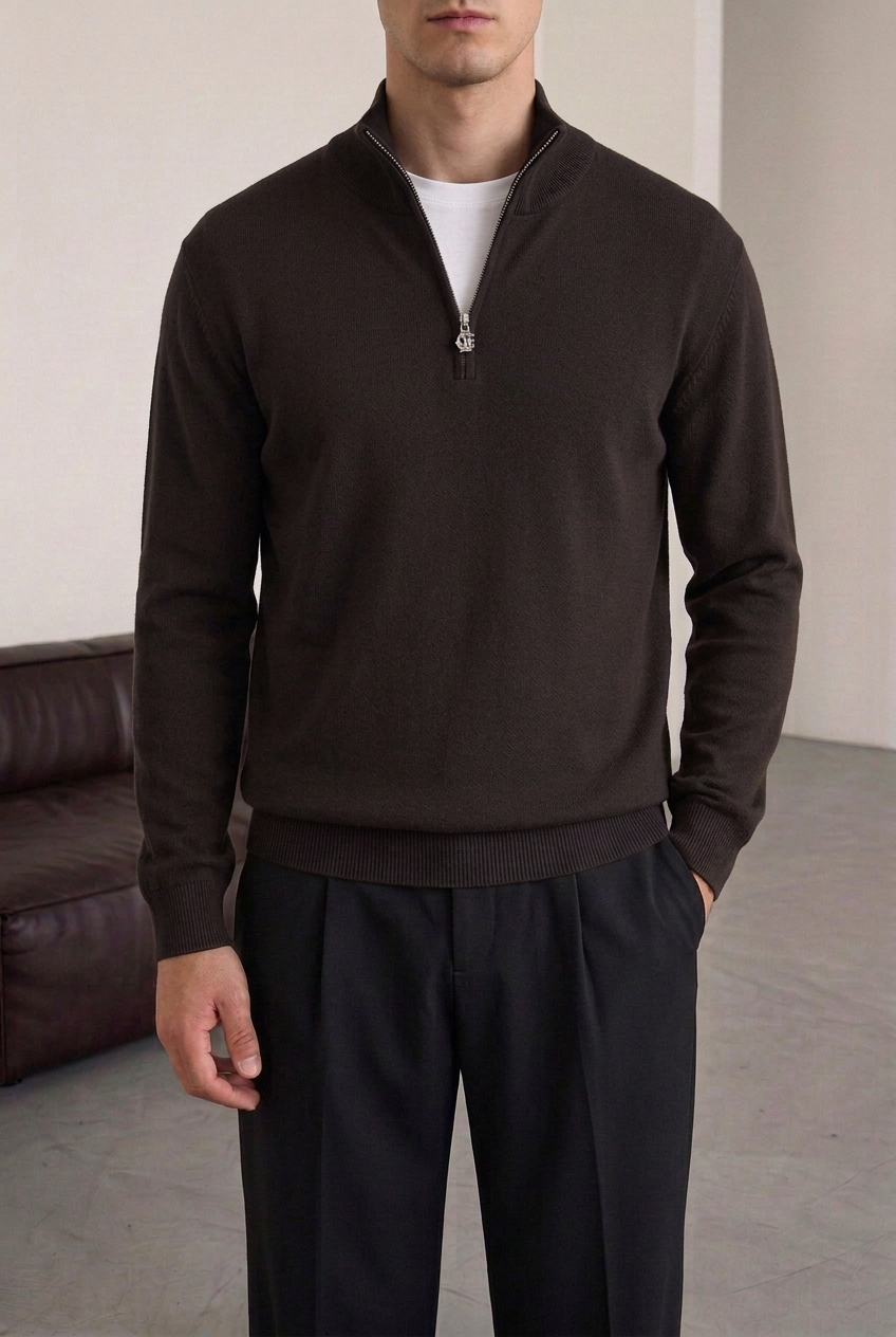 Ανδρική Πλεκτή Μπλούζα Half Zip με Ψηλό Γιακά – Καφέ