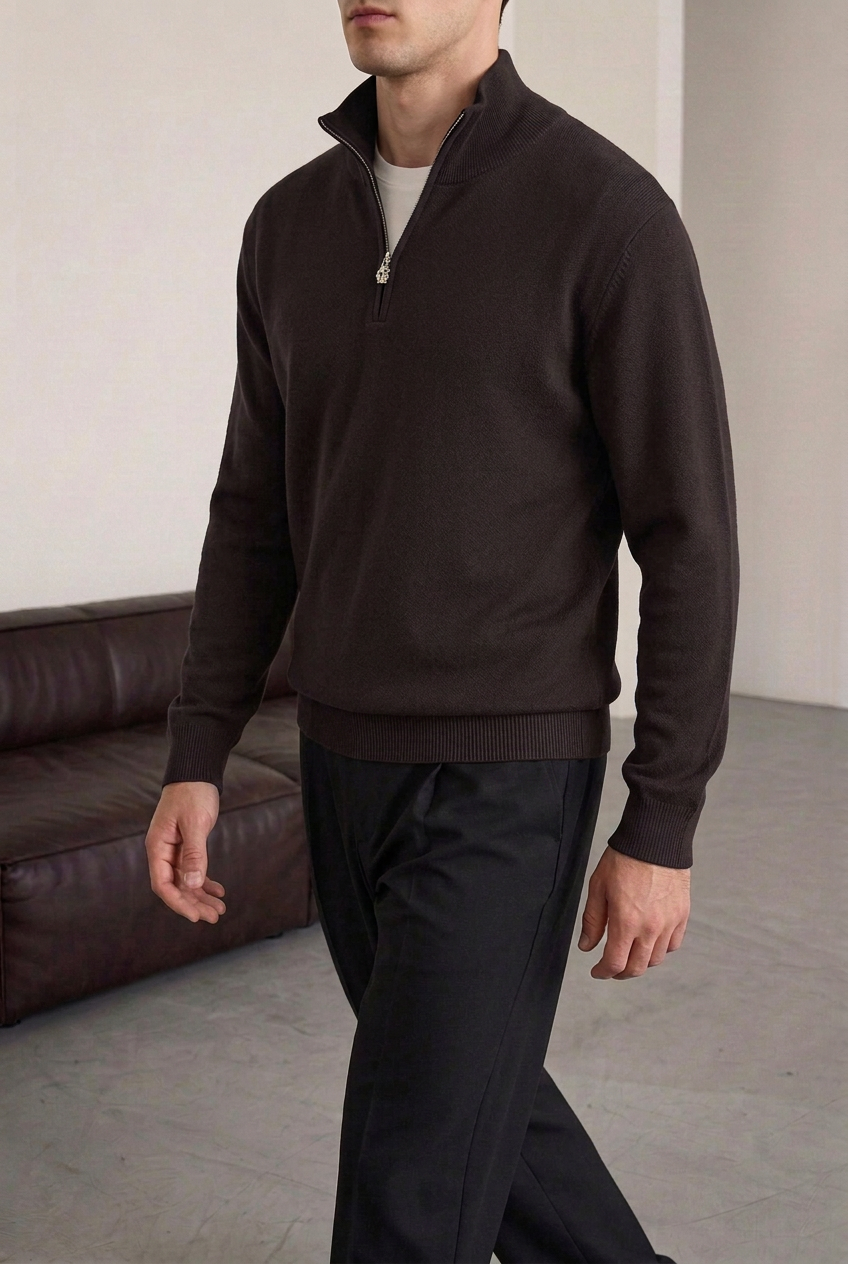 Ανδρική Πλεκτή Μπλούζα Half Zip με Ψηλό Γιακά – Καφέ