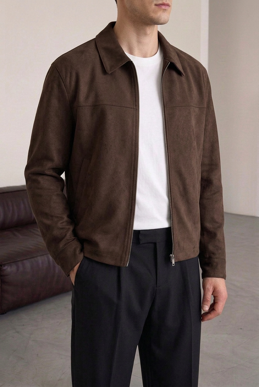 Suede Jacket with Zip – Brown