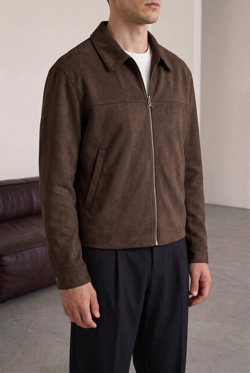 Suede Jacket with Zip – Brown