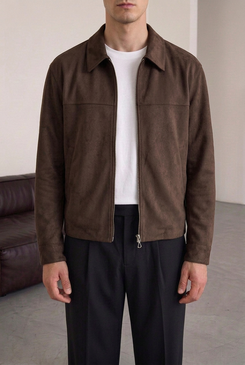 Suede Jacket with Zip – Brown