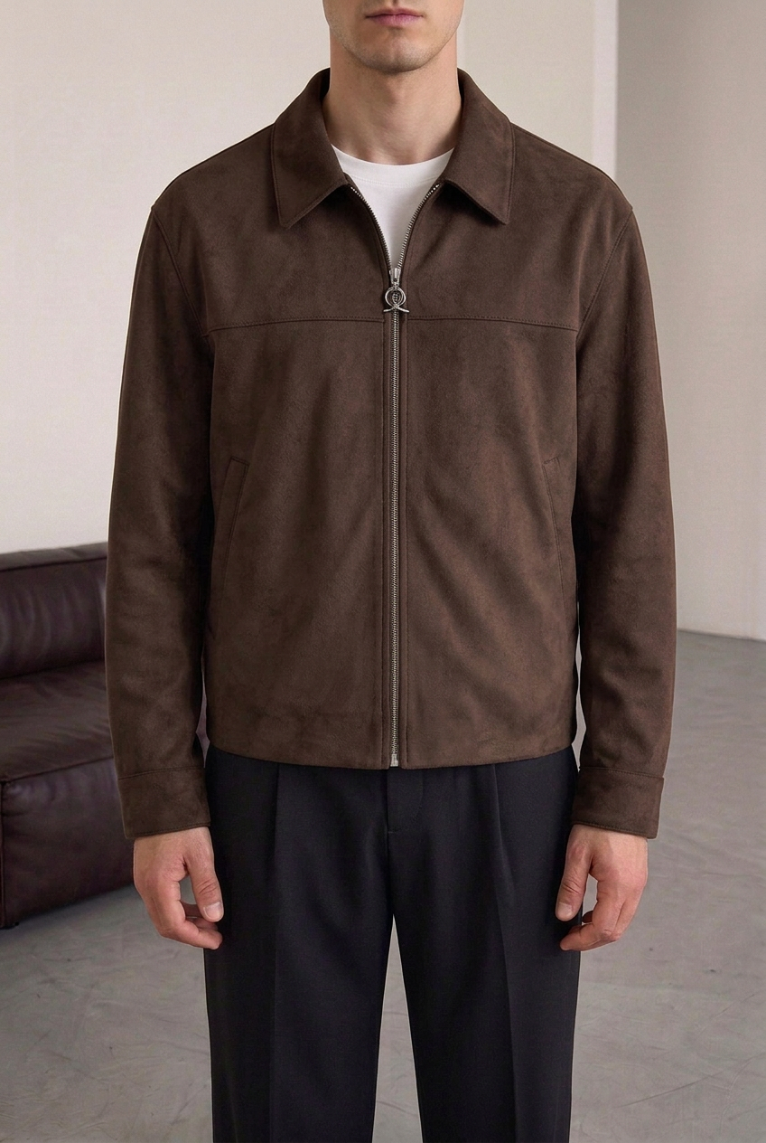 Suede Jacket with Zip – Brown