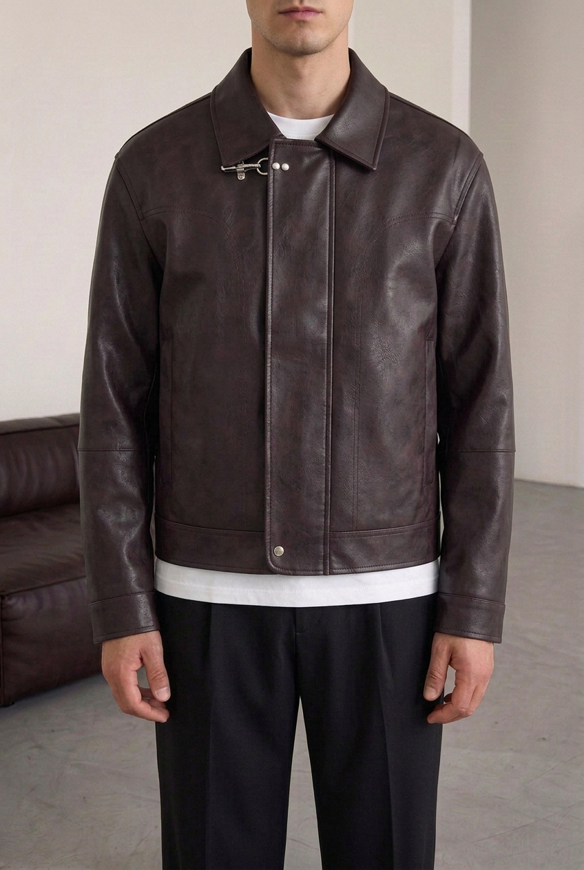 Faux Leather Jacket with Vintage Effect & Metal Fastening – Burgundy