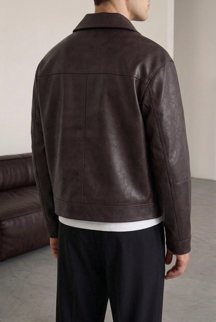 Faux Leather Jacket with Vintage Effect & Metal Fastening – Burgundy