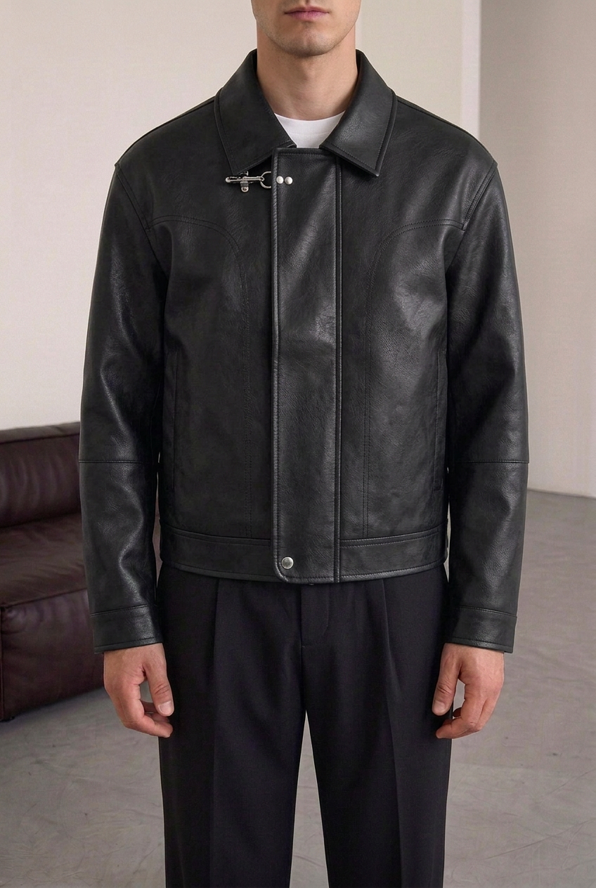 Faux Leather Jacket with Vintage Effect & Metal Fastening – Black