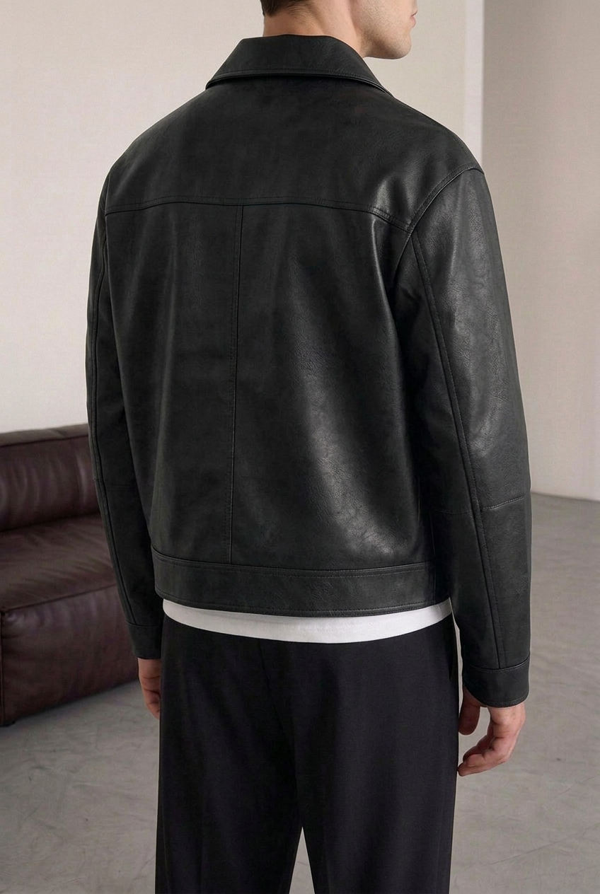 Faux Leather Jacket with Vintage Effect & Metal Fastening – Black