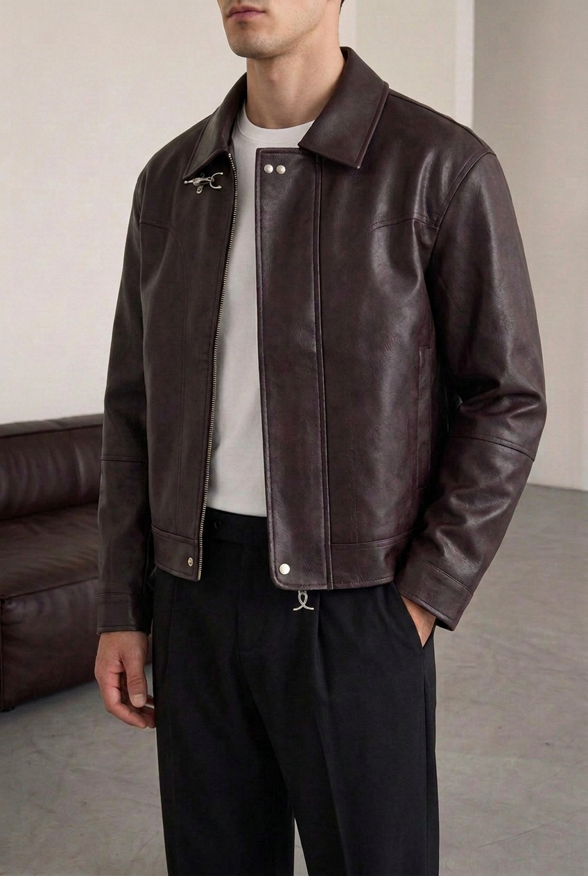 Faux Leather Jacket with Vintage Effect & Metal Fastening – Burgundy