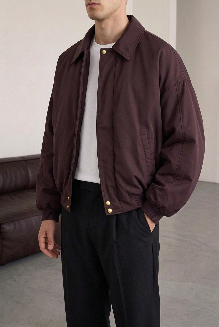 Puffer Bomber Jacket with Wide Sleeves – Burgundy