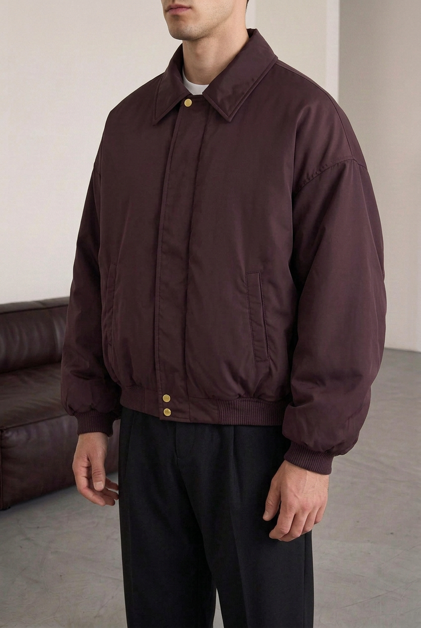 Puffer Bomber Jacket with Wide Sleeves – Burgundy