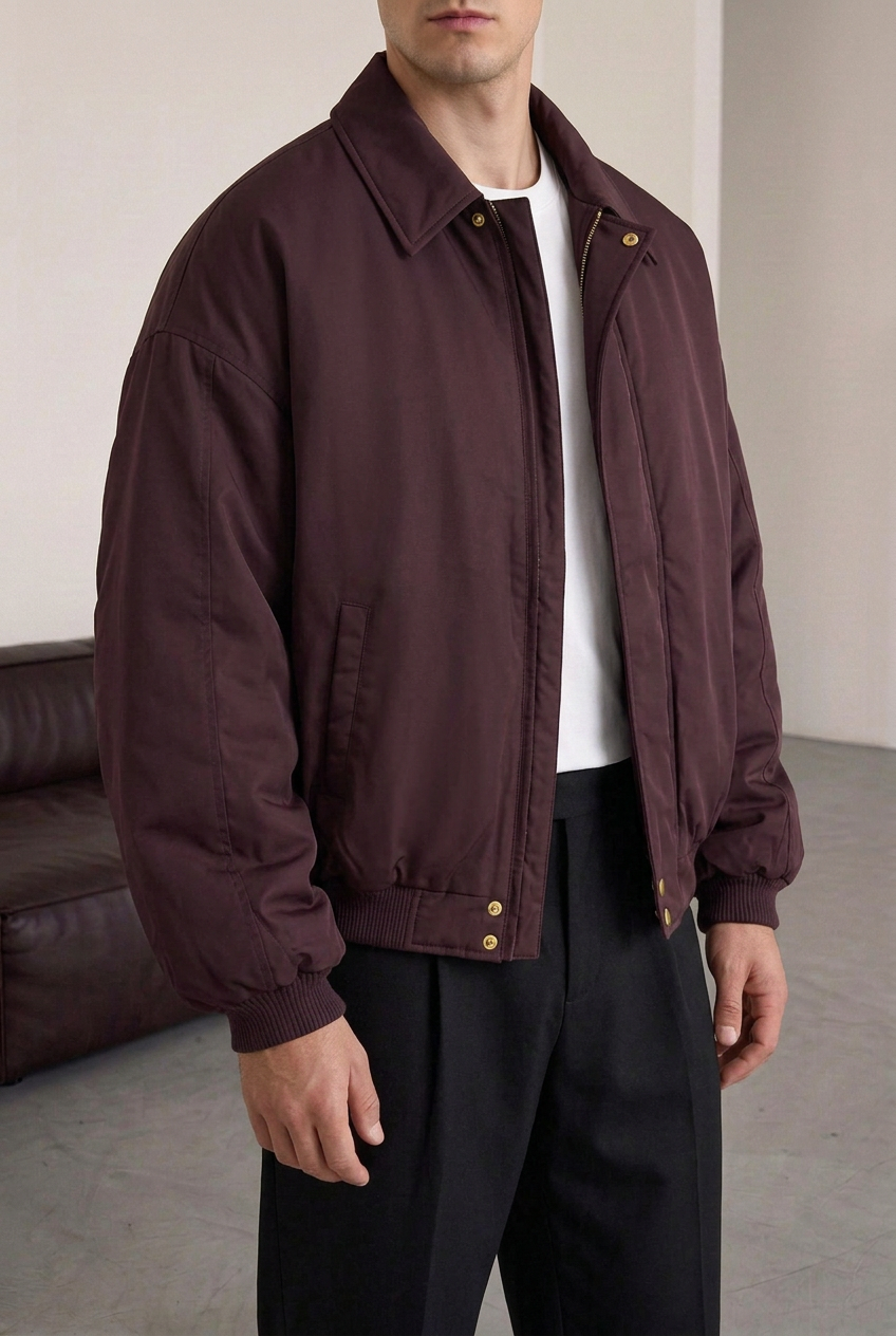 Puffer Bomber Jacket with Wide Sleeves – Burgundy