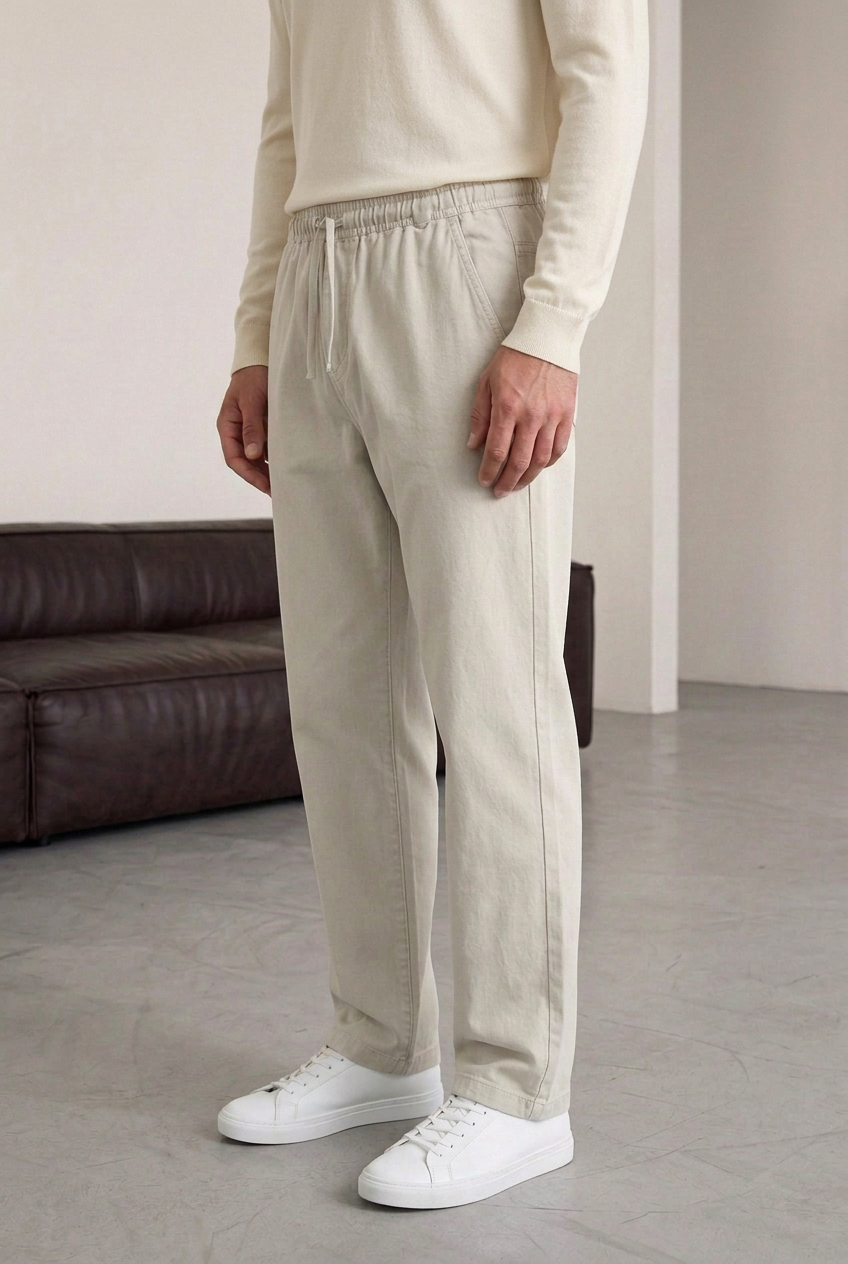 Cotton Jeans with Elastic Waist – Beige