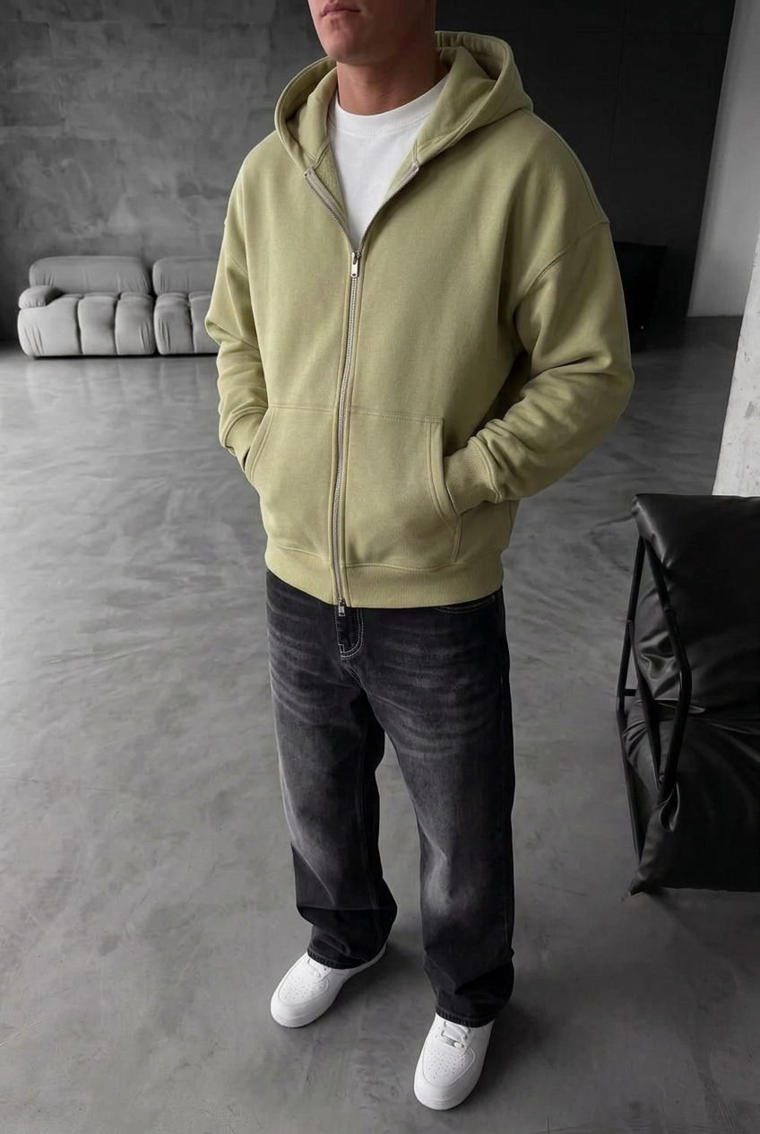 Oversized Zip-Up Sweatshirt Jacket with Double Zip and Inner Lining – Olive