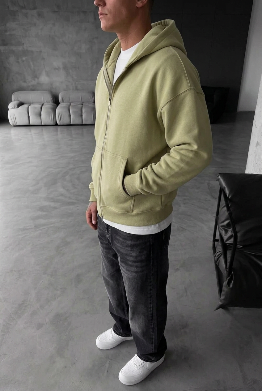 Oversized Zip-Up Sweatshirt Jacket with Double Zip and Inner Lining – Olive