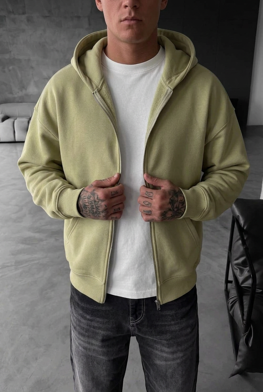 Oversized Zip-Up Sweatshirt Jacket with Double Zip and Inner Lining – Olive