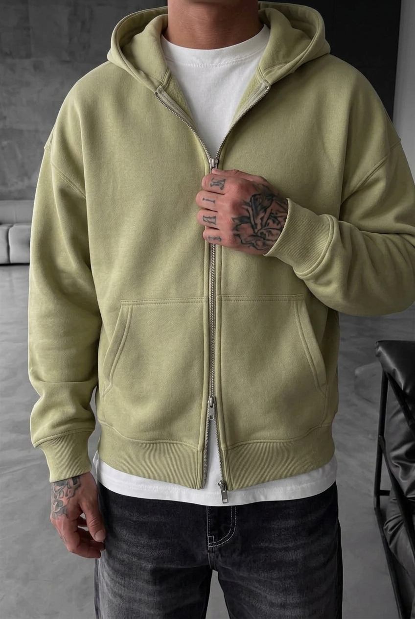 Oversized Zip-Up Sweatshirt Jacket with Double Zip and Inner Lining – Olive