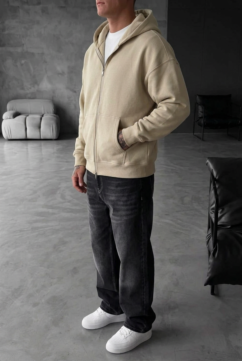 Oversized Zip-Up Sweatshirt Jacket with Double Zip and Inner Lining – Beige