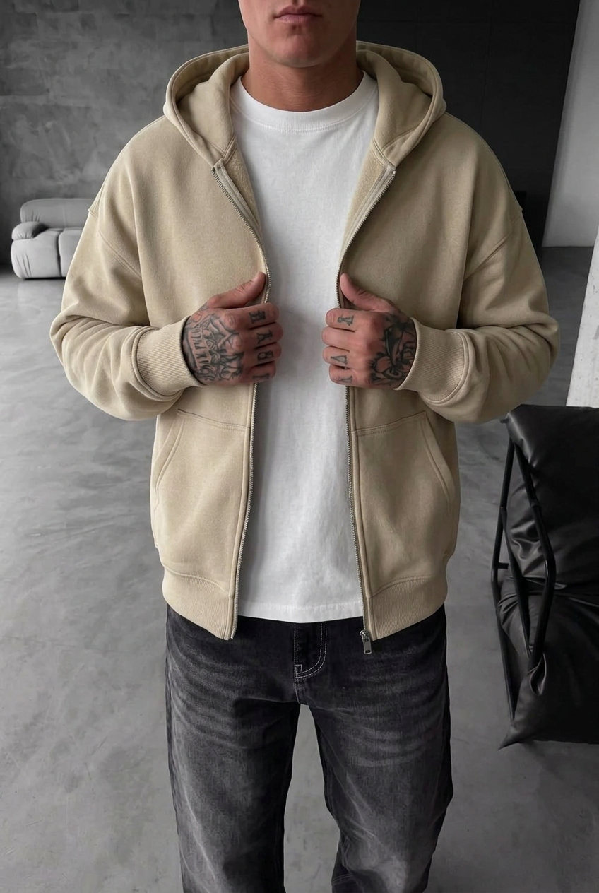 Oversized Zip-Up Sweatshirt Jacket with Double Zip and Inner Lining – Beige