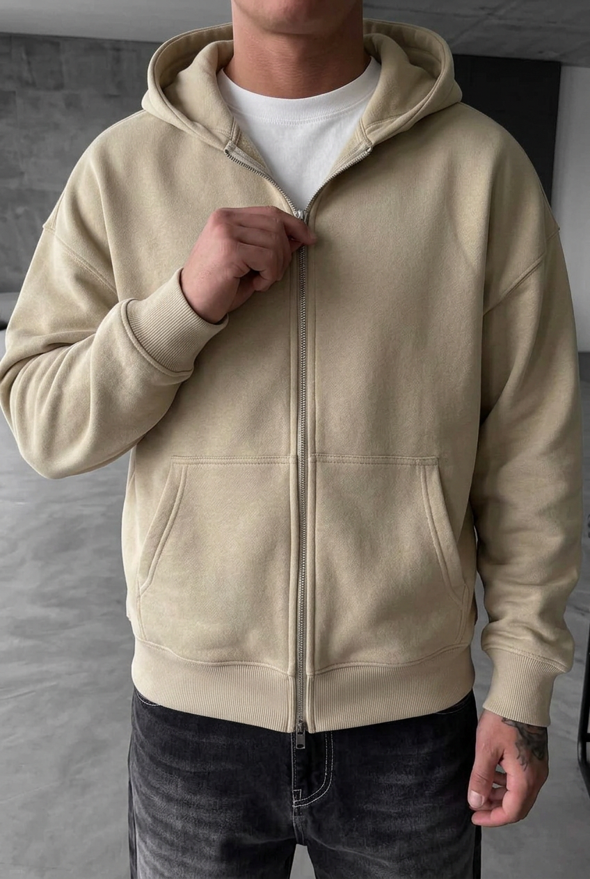Oversized Zip-Up Sweatshirt Jacket with Double Zip and Inner Lining – Beige