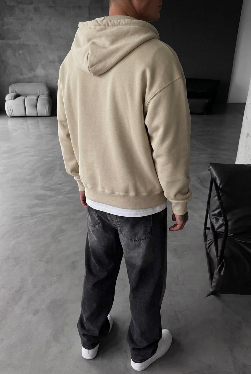 Oversized Zip-Up Sweatshirt Jacket with Double Zip and Inner Lining – Beige