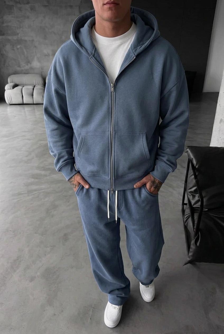 Oversized Double-Zip Sweatshirt Jacket and Baggy Joggers Set with Inner Lining – Blue